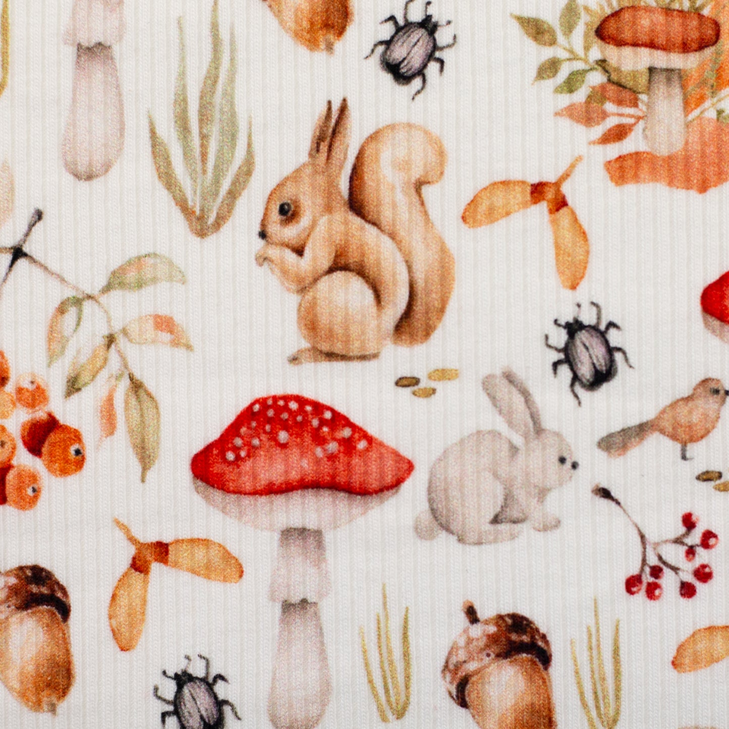 New Euro Rib Jersey Forest Animals, Berries, Acorns, Red