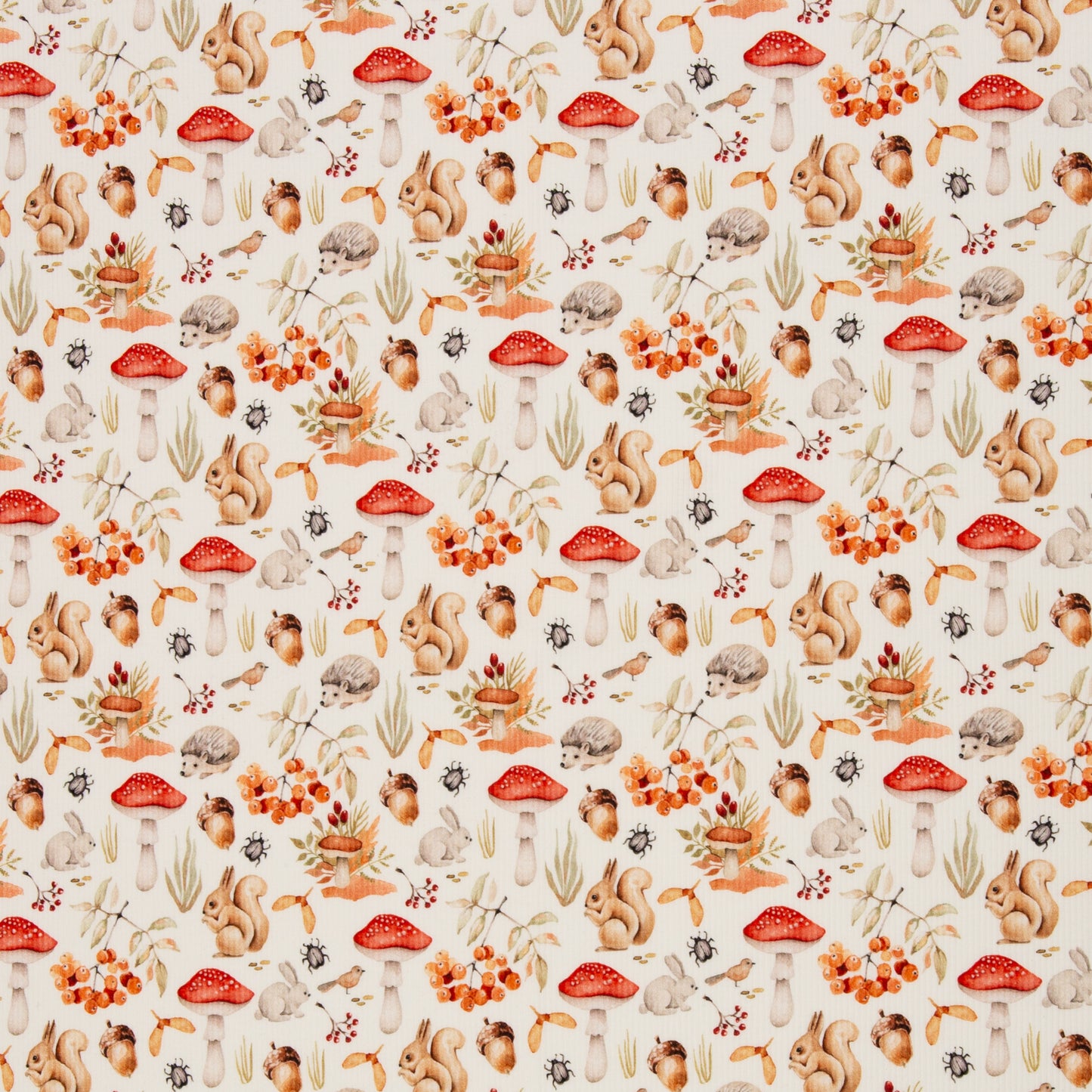 New Euro Rib Jersey Forest Animals, Berries, Acorns, Red