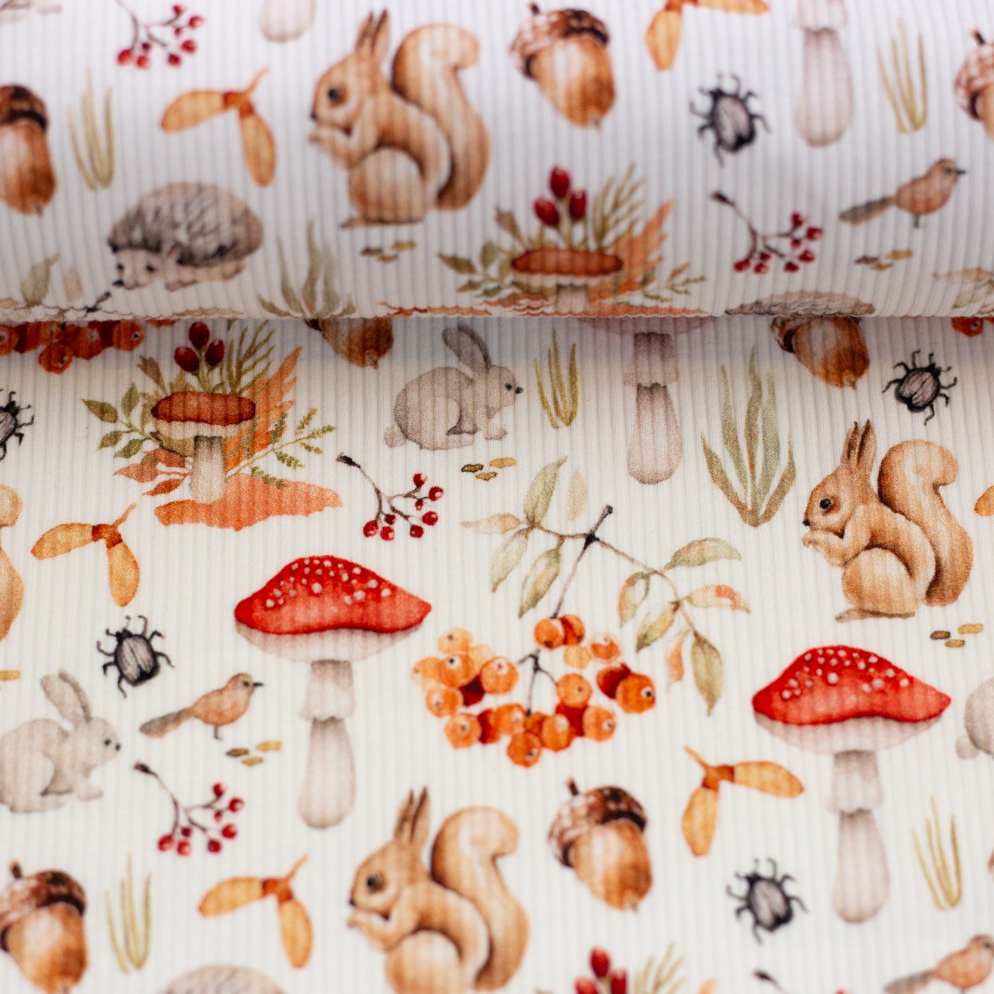 New Euro Rib Jersey Forest Animals, Berries, Acorns, Red