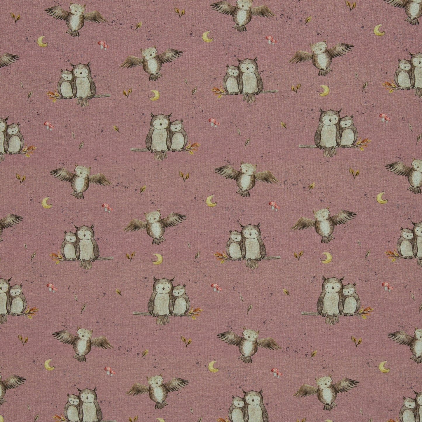 New Euro French Terry Forest Friends Owls, Rose
