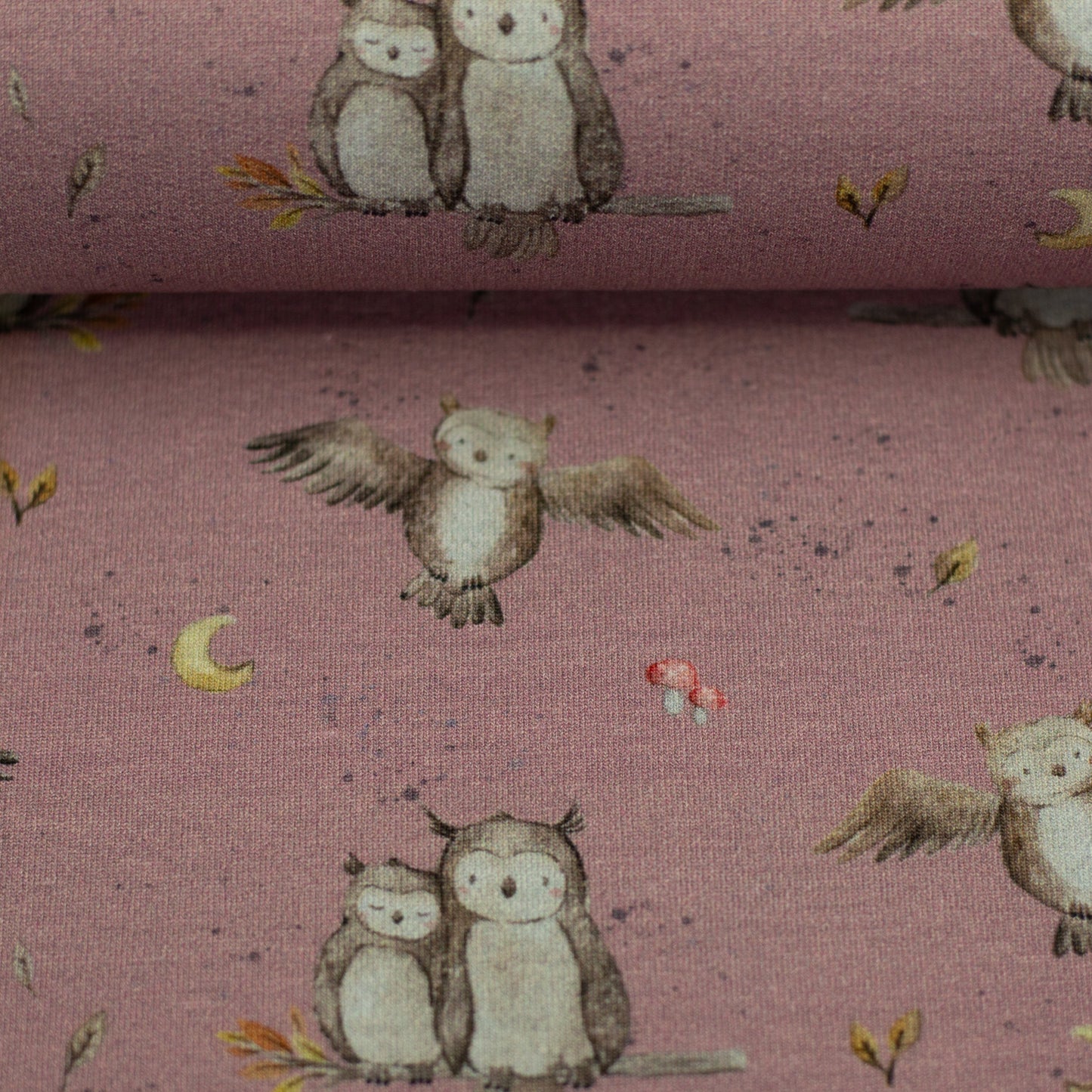 New Euro French Terry Forest Friends Owls, Rose
