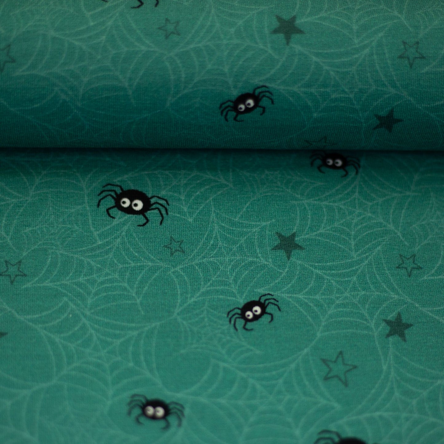 Pre order Euro Cotton Jersey Bruce & Friends by Mrs Mint Design, Spiders, emerald