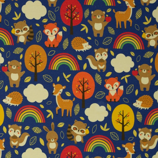 New Euro French Terry, Animals & Rainbows,  Royal Blue
