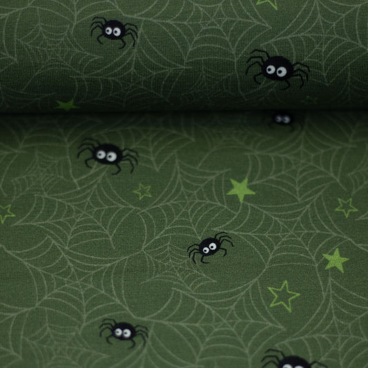 Pre order Euro Cotton Jersey Bruce & Friends by Mrs Mint Design, Spiders, khaki