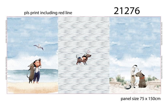 New Euro Jersey Digital Print Panel, Girl & Dog, Beach